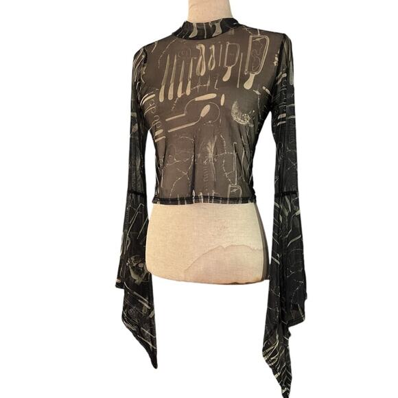 Hot Topic Surgery Tools Black Mesh Mock Neck Retro Sheer Flare Sleeve Crop Top M - Picture 3 of 7